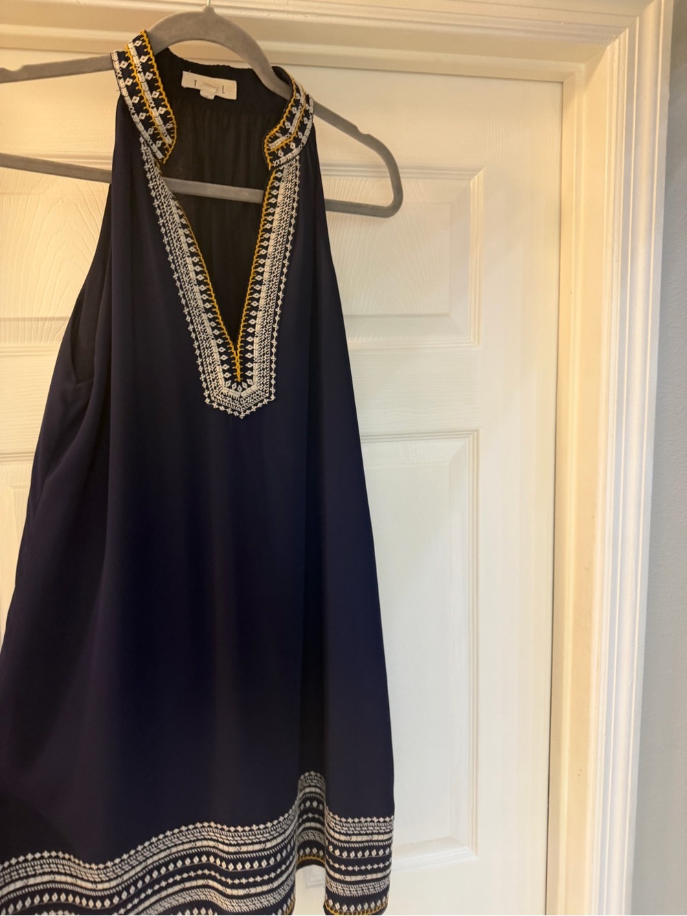 THML Navy Sleeveless V-Neck Embroidered Dress